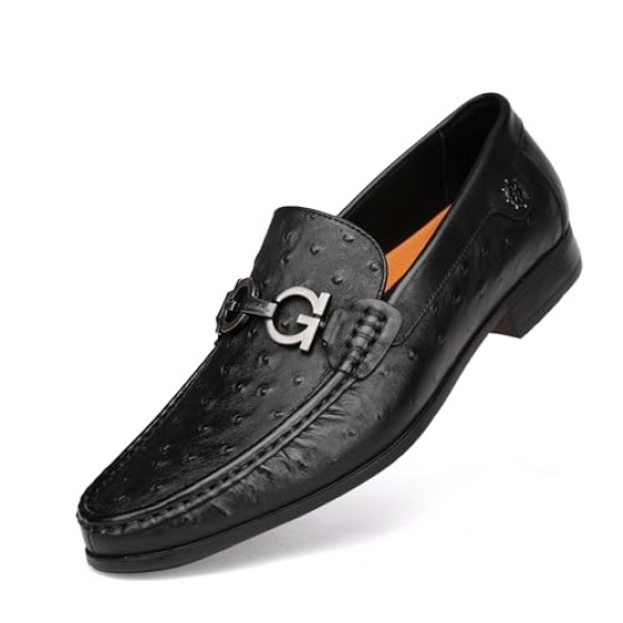 Black Luxury Men's Leather Dress Shoes, Fashion Classic Ostrich Printed Business Shoes Casual Buckle Party Wedding Penny Loafer Shoes for Men