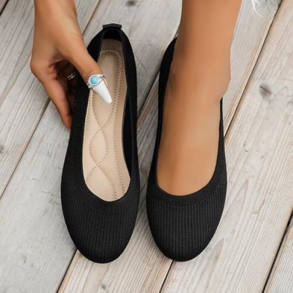 Women's Pointed Toe Flat Shoes - Solid Color Knitted Slip-On Ballet Flats, Breathable Casual Comfortable Loafers for Work, Office, and Daily Wear