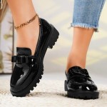 Women Patent Leather Loafers - Summer Glossy Slip-On Dress Shoes with Bow, Chunky Non-Slip Sole Platforms Sandals for School or Casual Wear
